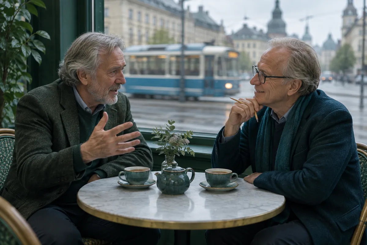 Två äldre män i livligt samtal vid ett kafébord där den ene förklarar och den andre lyssnar med en penna i handen