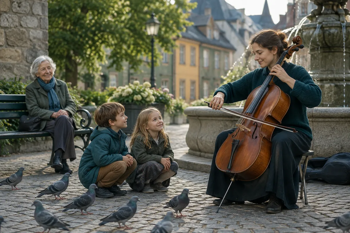 En äldre kvinna på en bänk i en solig gammal stadskärna lyssnar på en ung cellist medan två barn tittar på