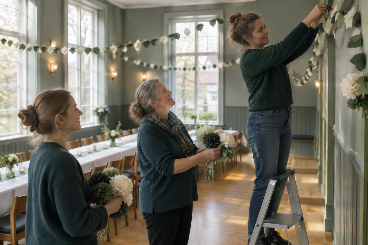 Tre kvinnor i en förening pyntar en församlingssal med girlanger och blommor inför en fest