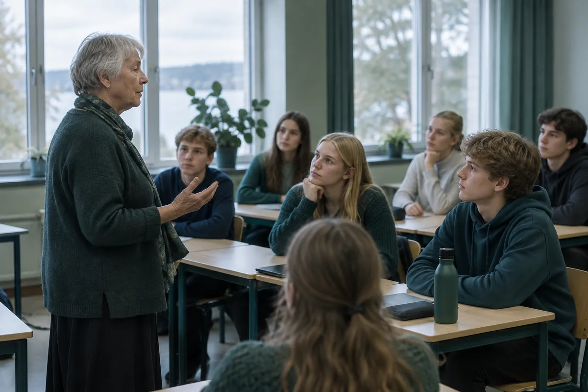 En äldre kvinna berättar om sina upplevelser för en skolklass