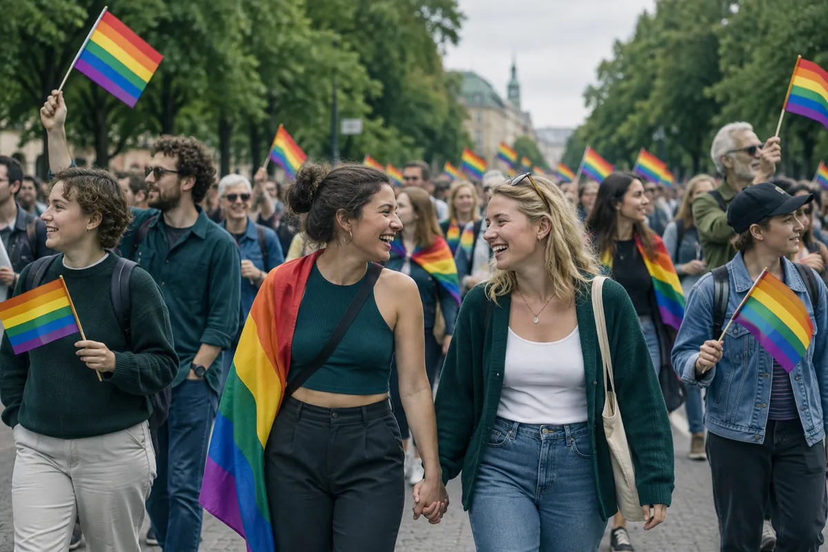 Glada deltagare med regnbågsflaggor i en Pride-parad på en bred stadsgata