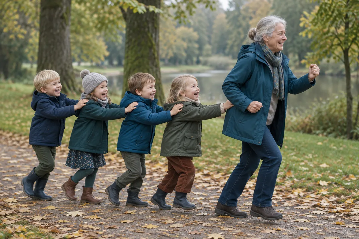En mormor leker tåg med fyra barn som håller varandra i axlarna i en solig park