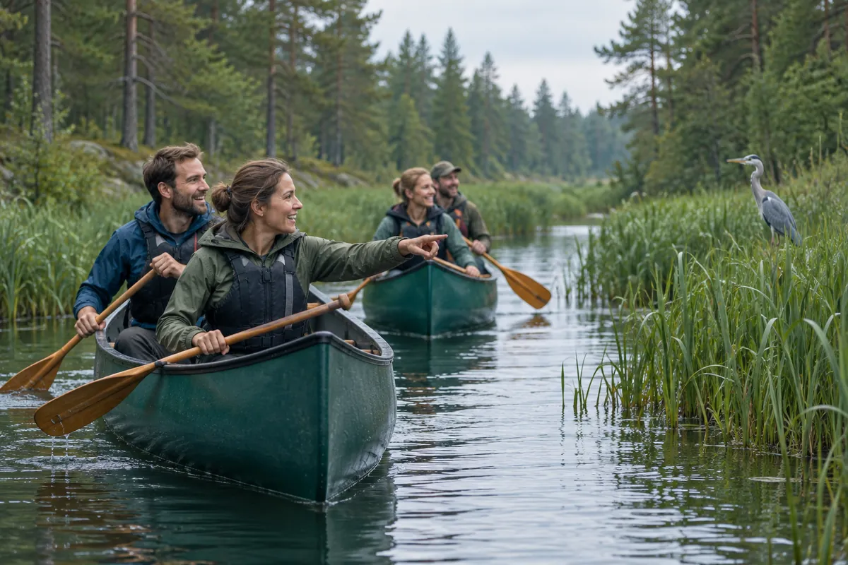 Fyra vänner paddlar två kanoter på en smal vasskantad flod genom en tallskog en sommarmorgon medan kvinnan i den främre kanoten pekar på en häger