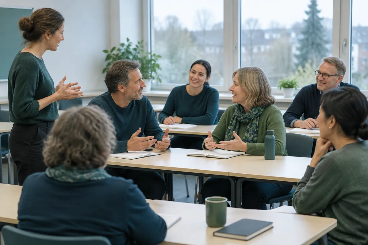 Vuxna elever övar samtal på en kvällskurs i språk