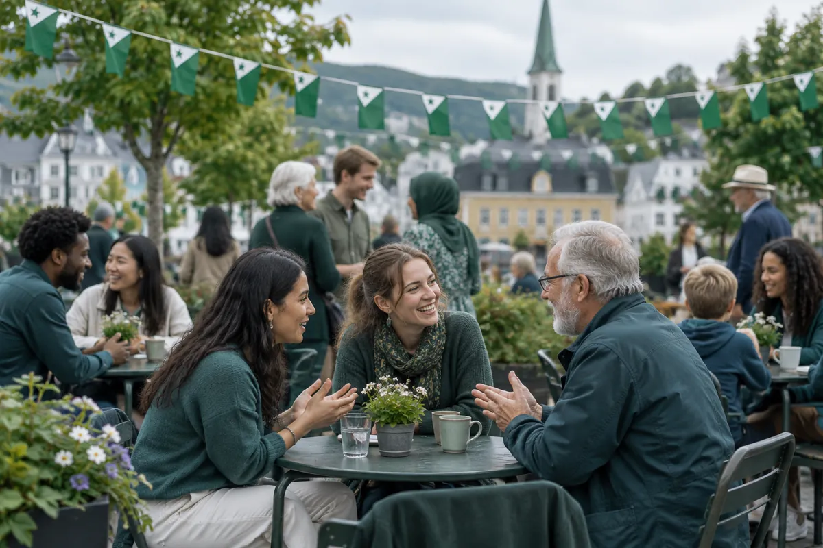 Människor från olika länder samtalar vid kafébord på ett torg under en internationell sammankomst