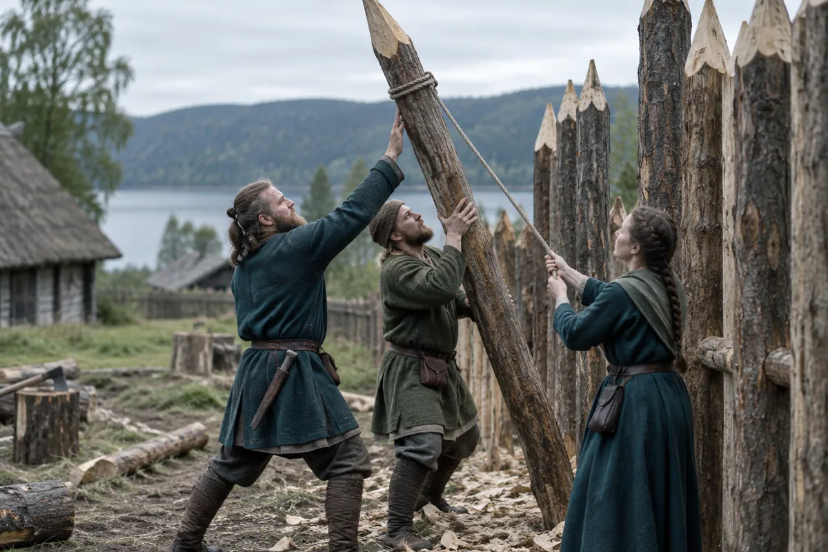 Tre personer i tidigmedeltida kläder bygger en palissad av trästockar, två män lyfter en vässad stock medan en kvinna håller den på plats med ett rep