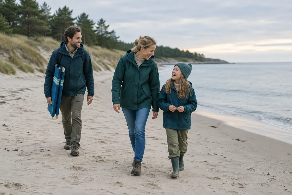 En familj promenerar längs en bred sandstrand nedanför en tallbevuxen dyn i eftermiddagsljus