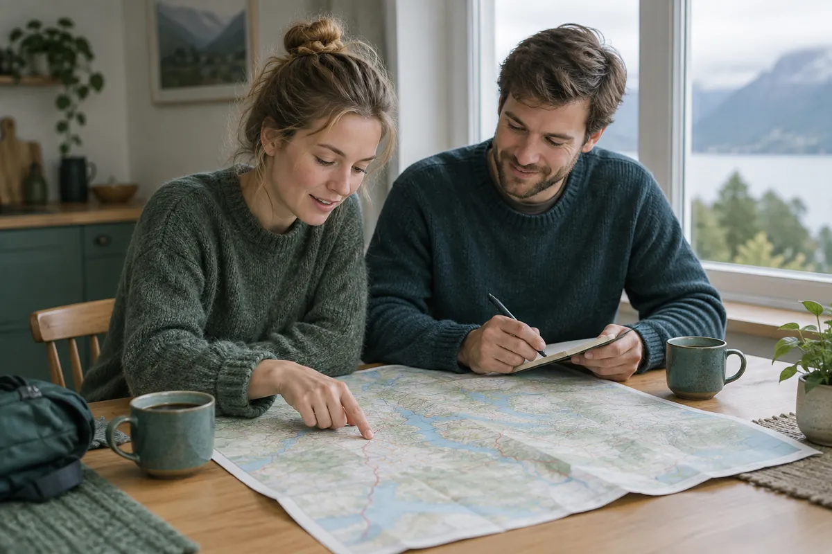 Ett par planerar en resa till Polen vid köksbordet