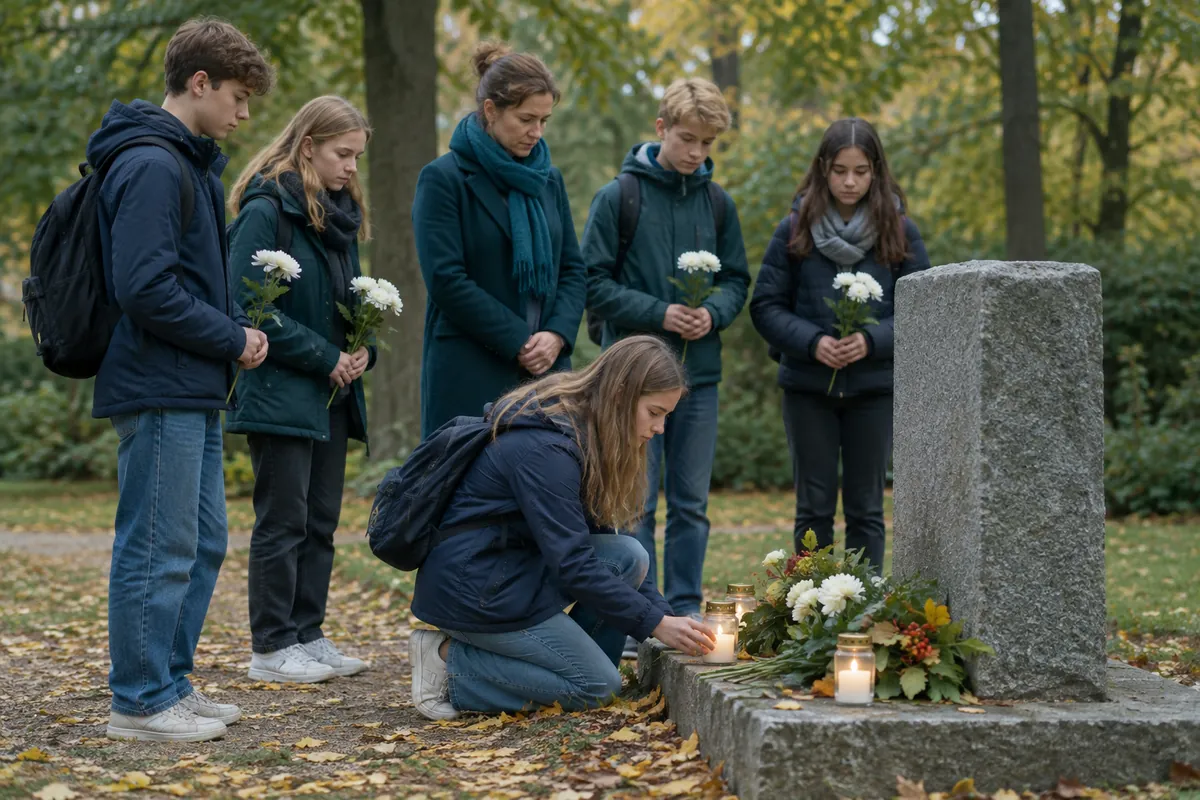 Ungdomar och en lärare lägger blommor och tänder ljus vid ett minnesmärke i en park