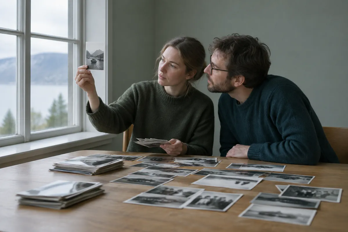 Två personer vid ett stort träbord sorterar svartvita fotografier och den ena håller upp ett foto mot fönsterljuset