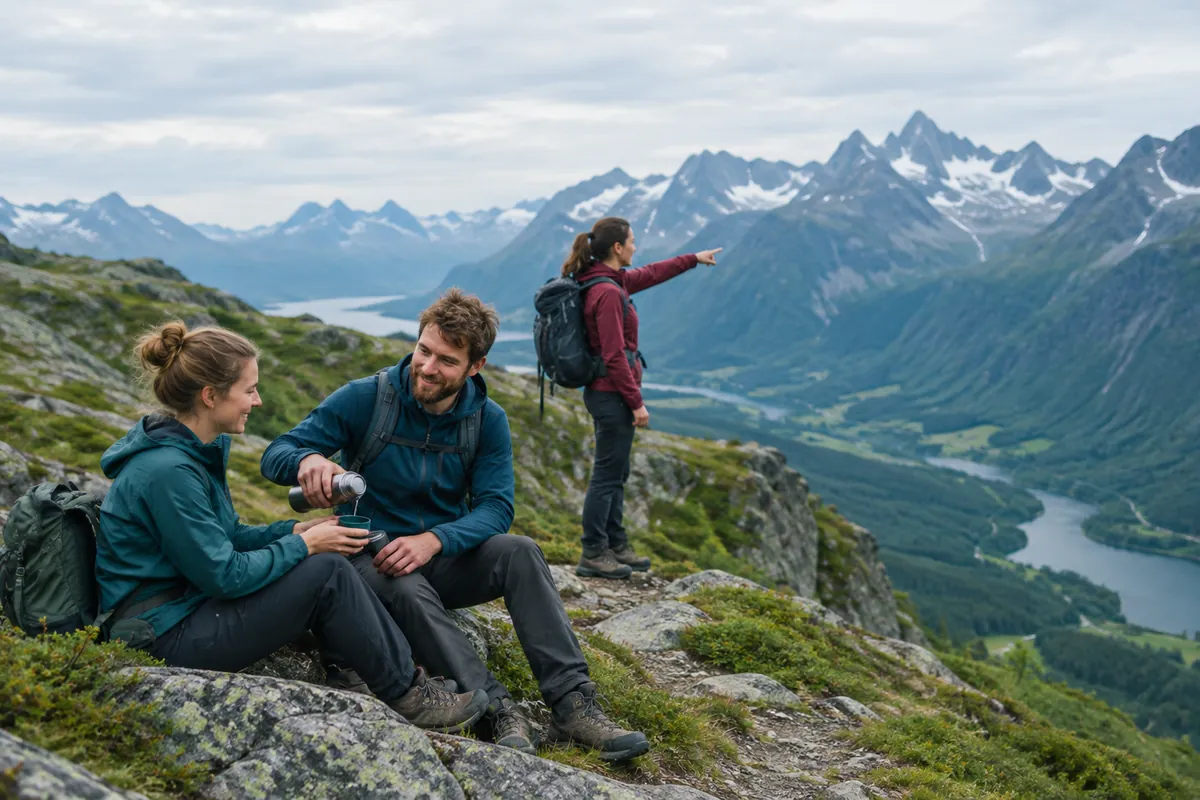 Vänner vandrar på en bergskam i Tatra en sommarmorgon