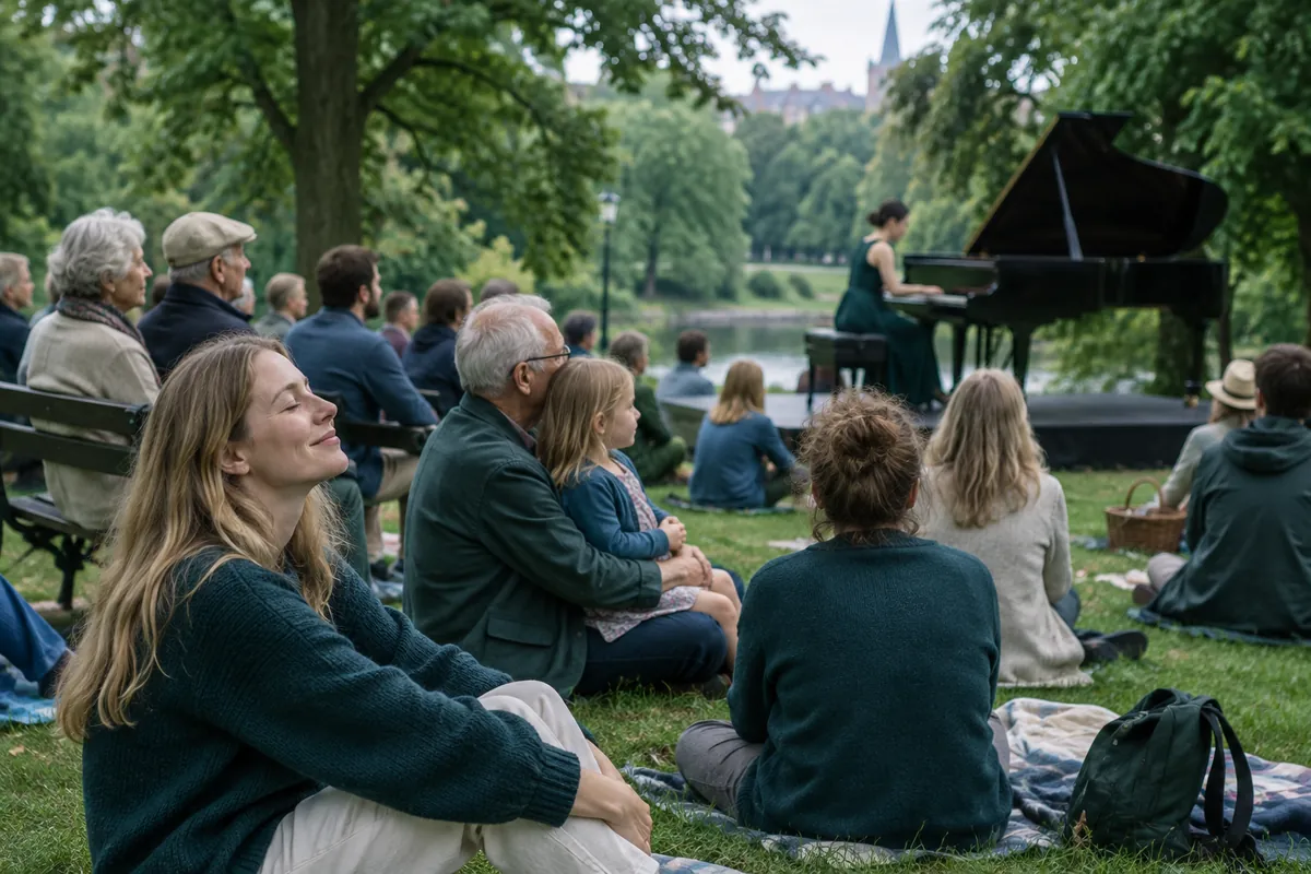 Publik lyssnar på en pianokonsert utomhus i en park i Warszawa