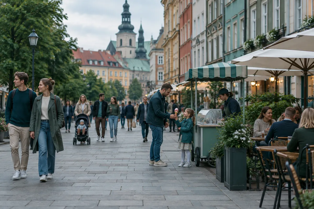 Folkliv på en gågata i en stor polsk stad en kväll