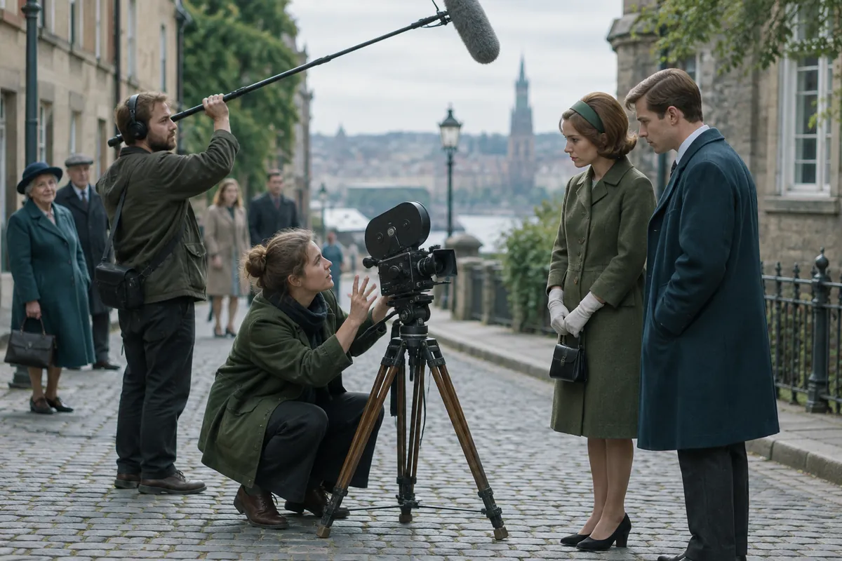 Ett filmteam spelar in en scen på en solig kullerstensgata där regissören förklarar tagningen för två skådespelare