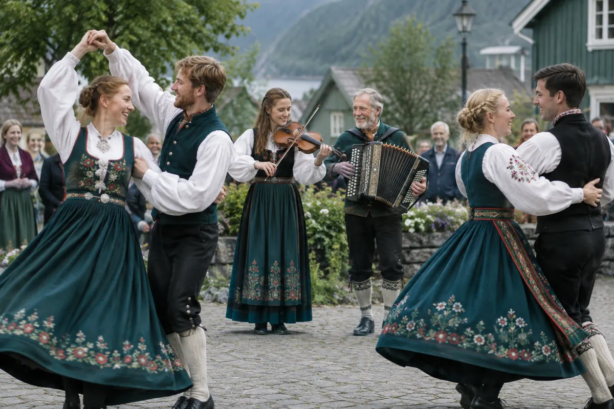 En ung kvinna spelar fiol och en äldre man dragspel medan två par i folkdräkt dansar på ett torg