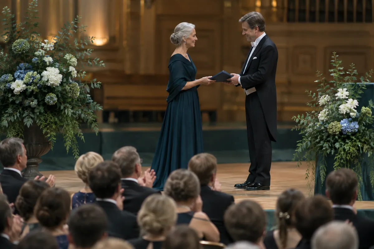 En kvinna i aftonklänning tar emot ett diplom på en scen medan publiken applåderar