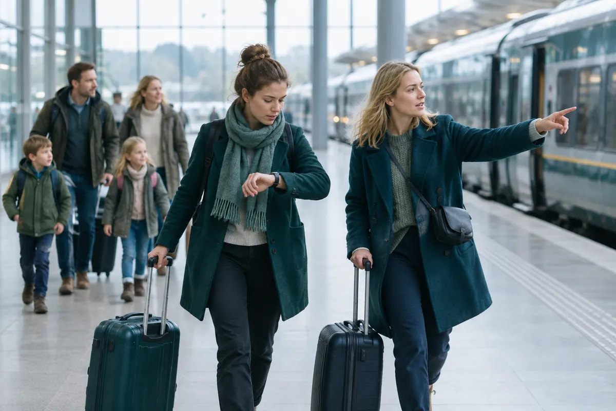 Resenärer med resväskor skyndar genom en stor järnvägsstation
