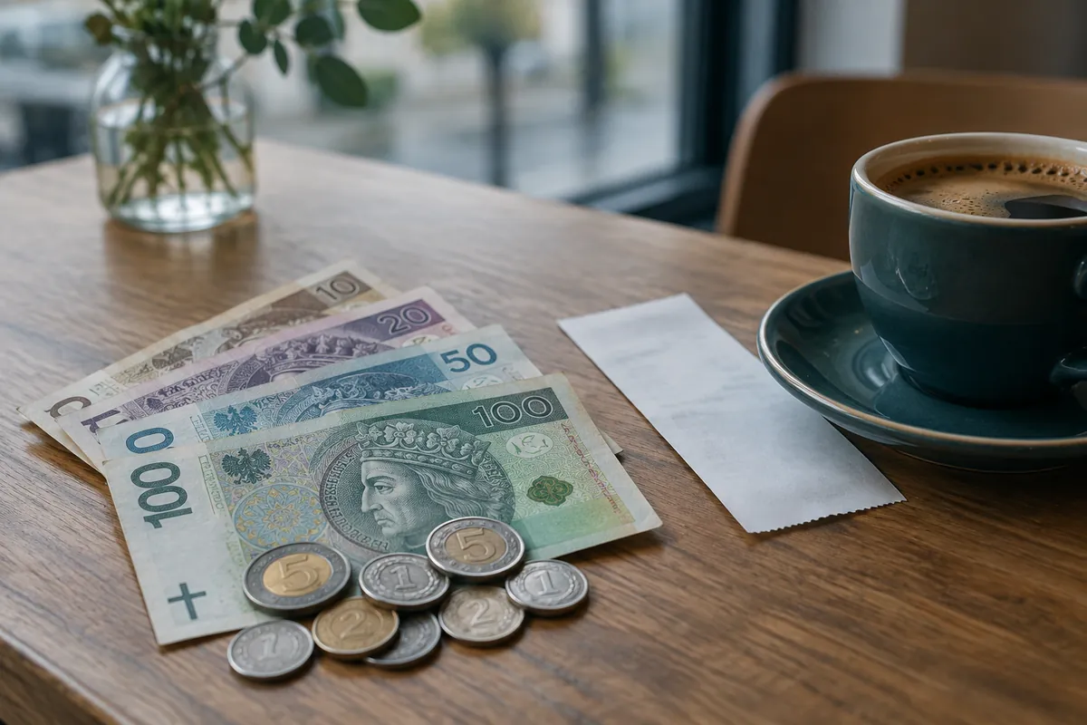 Polska zlotysedlar och mynt på ett cafébord