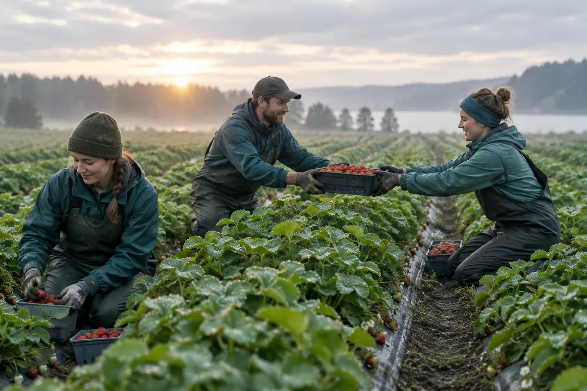 Pracownicy sezonowi zbierają truskawki w długich rzędach na szwedzkiej farmie o poranku